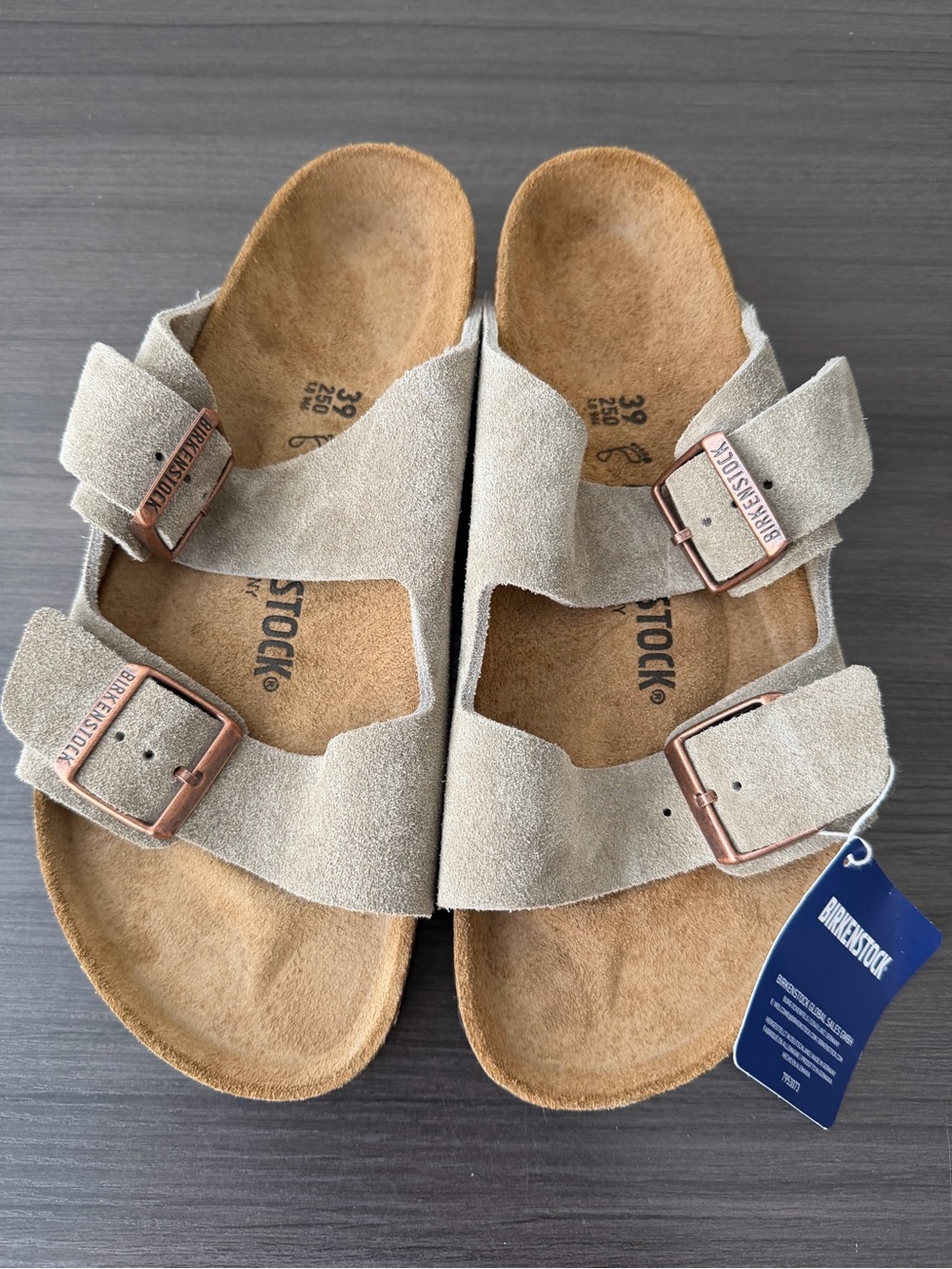 Birkenstock Arizona Soft Suede Sandals in Light Taupe Size 39 No Box